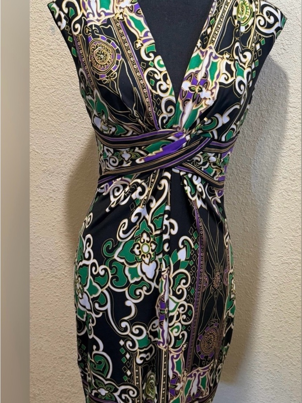 Cache Women’s Black Green and Purple Print Twist-Front Dress
